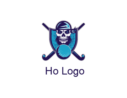 hockey stick behind skull wearing bandana and ball in shield