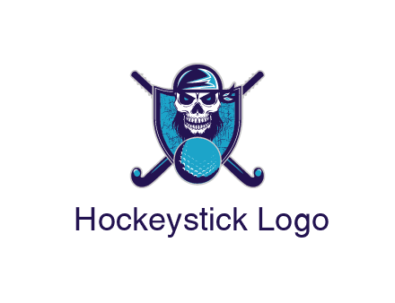 hockey stick behind skull wearing bandana and ball in shield