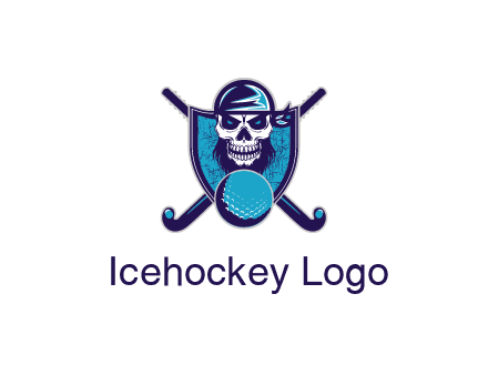 hockey stick behind skull wearing bandana and ball in shield