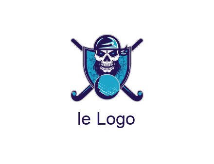hockey stick behind skull wearing bandana and ball in shield