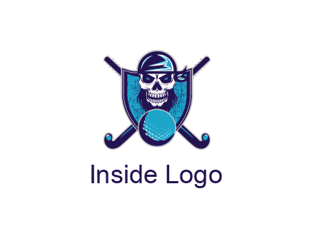 hockey stick behind skull wearing bandana and ball in shield