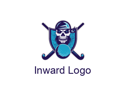 hockey stick behind skull wearing bandana and ball in shield