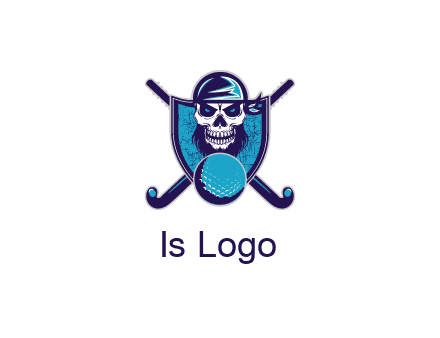 hockey stick behind skull wearing bandana and ball in shield