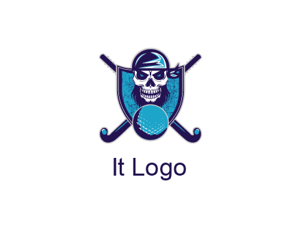 hockey stick behind skull wearing bandana and ball in shield