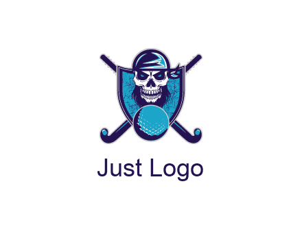 hockey stick behind skull wearing bandana and ball in shield