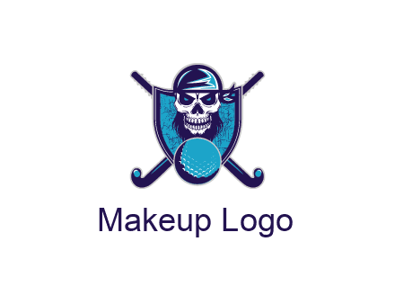 hockey stick behind skull wearing bandana and ball in shield