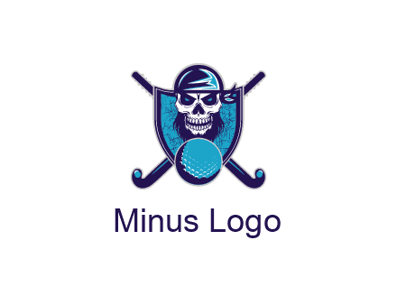 hockey stick behind skull wearing bandana and ball in shield