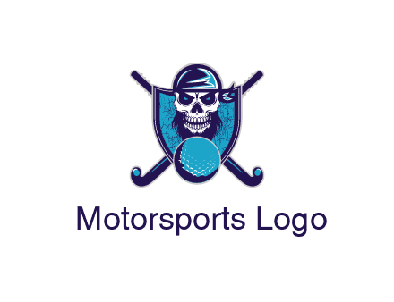 hockey stick behind skull wearing bandana and ball in shield