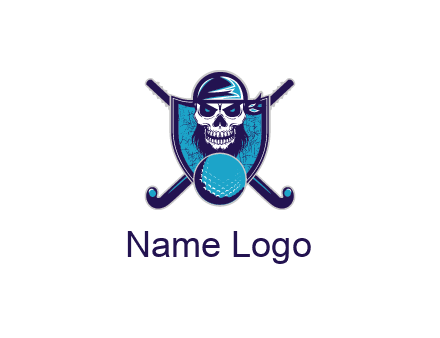 hockey stick behind skull wearing bandana and ball in shield
