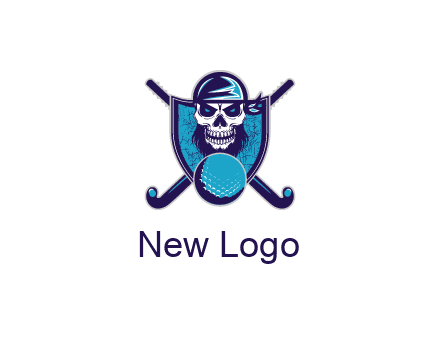 hockey stick behind skull wearing bandana and ball in shield