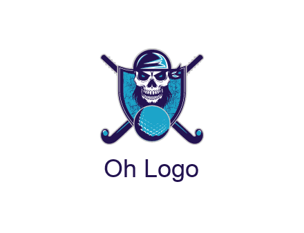 hockey stick behind skull wearing bandana and ball in shield