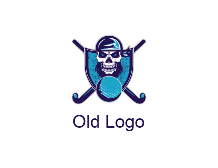 hockey stick behind skull wearing bandana and ball in shield