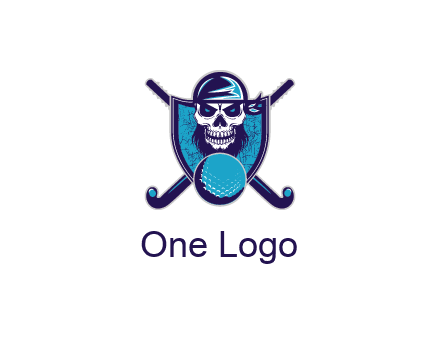 hockey stick behind skull wearing bandana and ball in shield