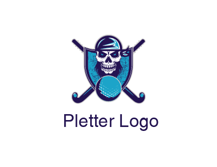 hockey stick behind skull wearing bandana and ball in shield
