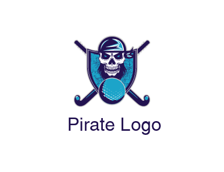 hockey stick behind skull wearing bandana and ball in shield