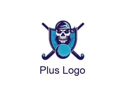 hockey stick behind skull wearing bandana and ball in shield