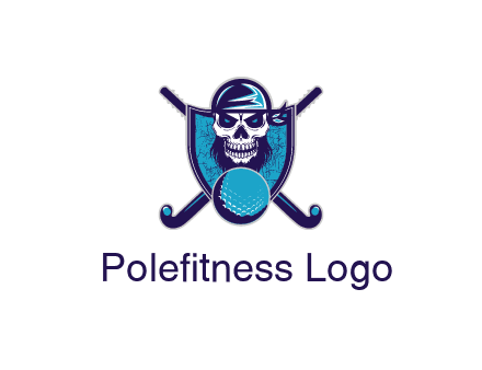 hockey stick behind skull wearing bandana and ball in shield