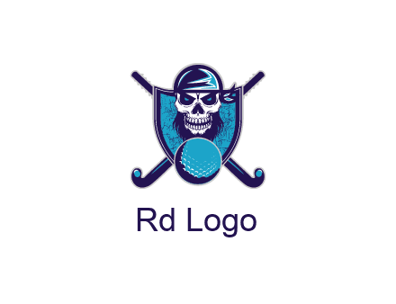 hockey stick behind skull wearing bandana and ball in shield