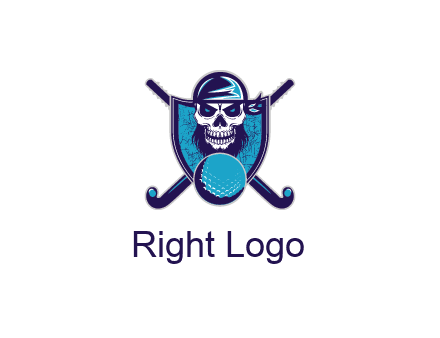 hockey stick behind skull wearing bandana and ball in shield