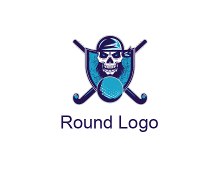 hockey stick behind skull wearing bandana and ball in shield