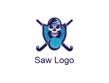 hockey stick behind skull wearing bandana and ball in shield
