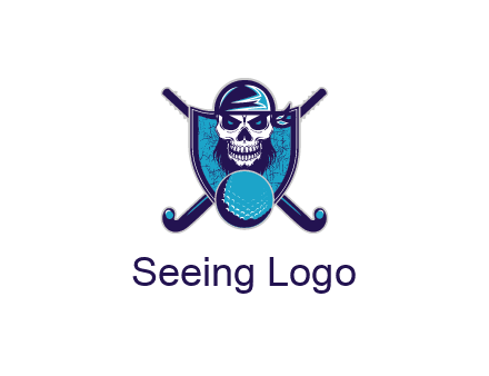 hockey stick behind skull wearing bandana and ball in shield