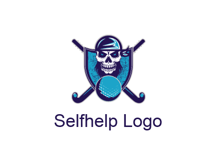 hockey stick behind skull wearing bandana and ball in shield