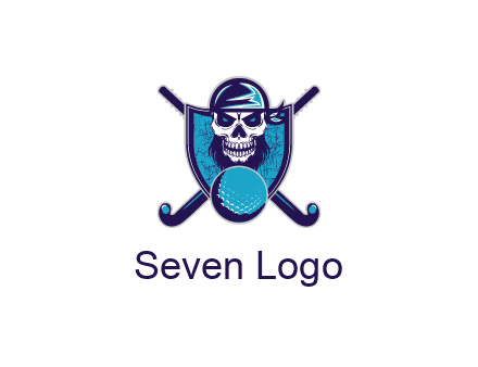 hockey stick behind skull wearing bandana and ball in shield