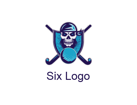 hockey stick behind skull wearing bandana and ball in shield