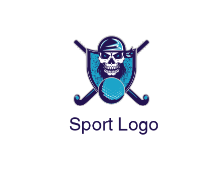 hockey stick behind skull wearing bandana and ball in shield