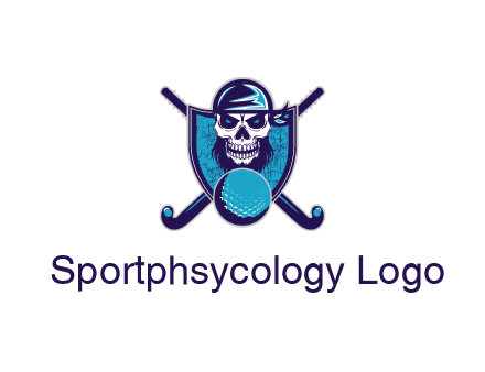 hockey stick behind skull wearing bandana and ball in shield