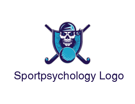 hockey stick behind skull wearing bandana and ball in shield