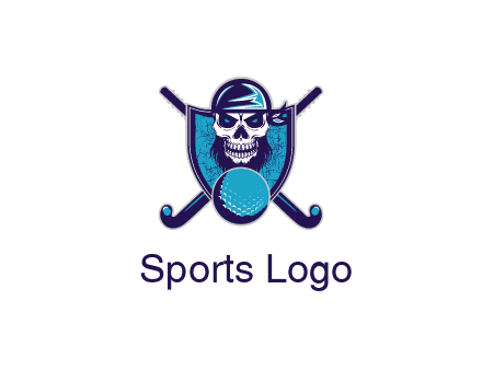 hockey stick behind skull wearing bandana and ball in shield