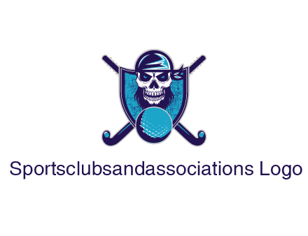 hockey stick behind skull wearing bandana and ball in shield