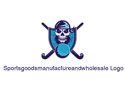 hockey stick behind skull wearing bandana and ball in shield