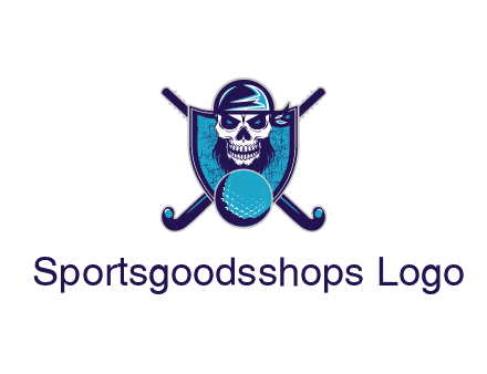 hockey stick behind skull wearing bandana and ball in shield