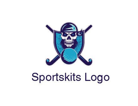hockey stick behind skull wearing bandana and ball in shield