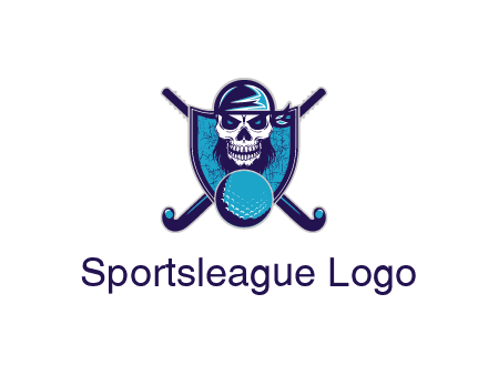 hockey stick behind skull wearing bandana and ball in shield