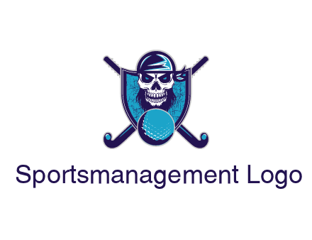 hockey stick behind skull wearing bandana and ball in shield