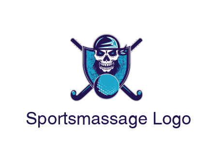 hockey stick behind skull wearing bandana and ball in shield
