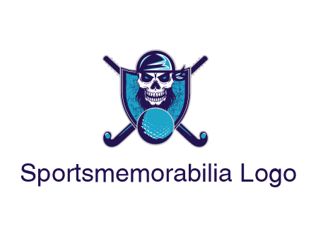 hockey stick behind skull wearing bandana and ball in shield