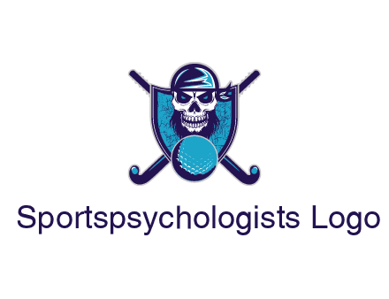 hockey stick behind skull wearing bandana and ball in shield