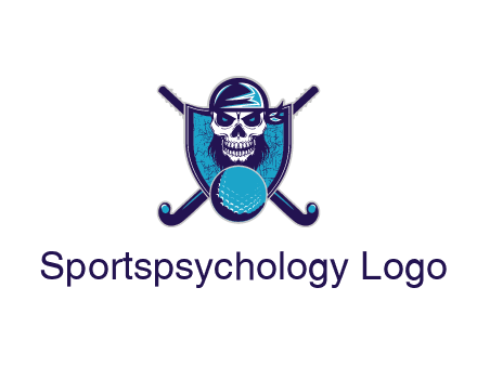 hockey stick behind skull wearing bandana and ball in shield
