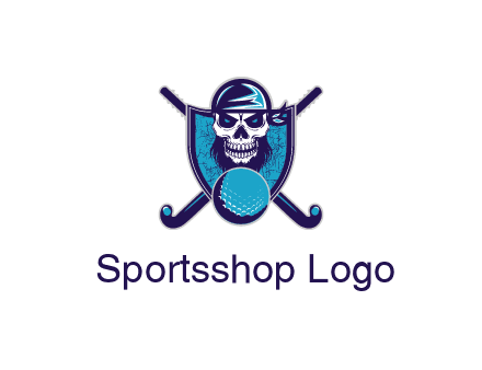 hockey stick behind skull wearing bandana and ball in shield