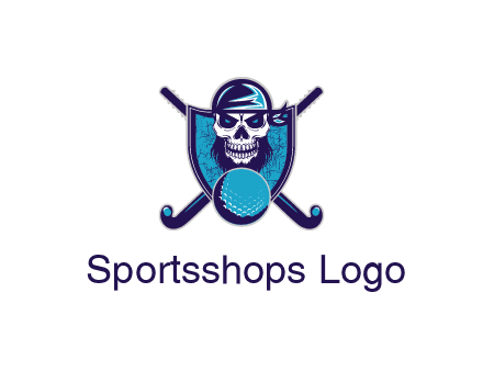 hockey stick behind skull wearing bandana and ball in shield