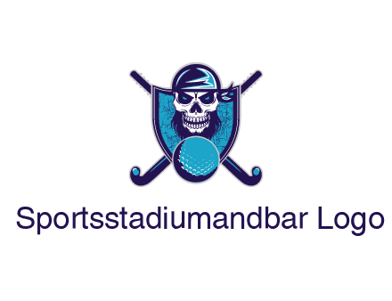 hockey stick behind skull wearing bandana and ball in shield