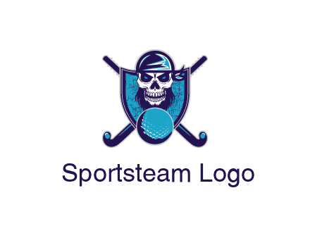 hockey stick behind skull wearing bandana and ball in shield