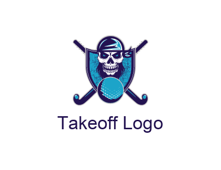 hockey stick behind skull wearing bandana and ball in shield