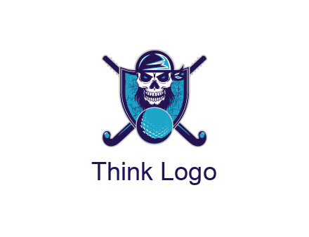 hockey stick behind skull wearing bandana and ball in shield