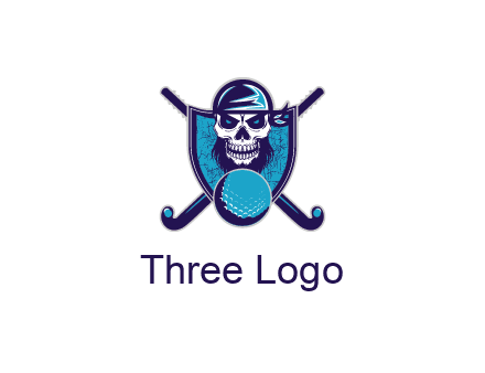 hockey stick behind skull wearing bandana and ball in shield